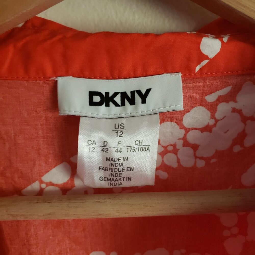 DKNY Red-Orange Print Shirt Dress 12 White Leaf Print Cotton Midi - Picture 2 of 12